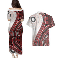 Bula Fiji Vintage Tapa Couples Matching Puletasi and Hawaiian Shirt Kaivity Masi Wave Motifs - Red LT7 - Polynesian Pride