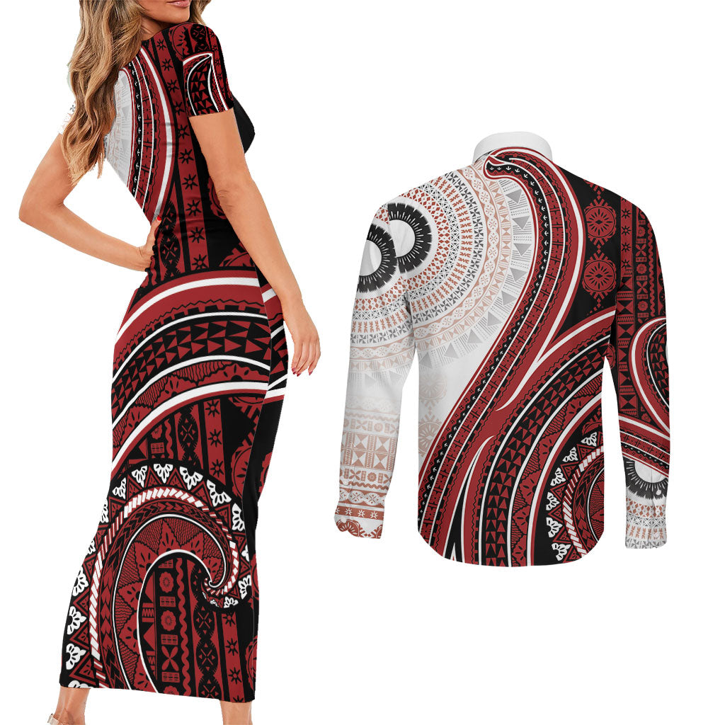 Bula Fiji Vintage Tapa Couples Matching Short Sleeve Bodycon Dress and Long Sleeve Button Shirt Kaivity Masi Wave Motifs - Red LT7 - Polynesian Pride