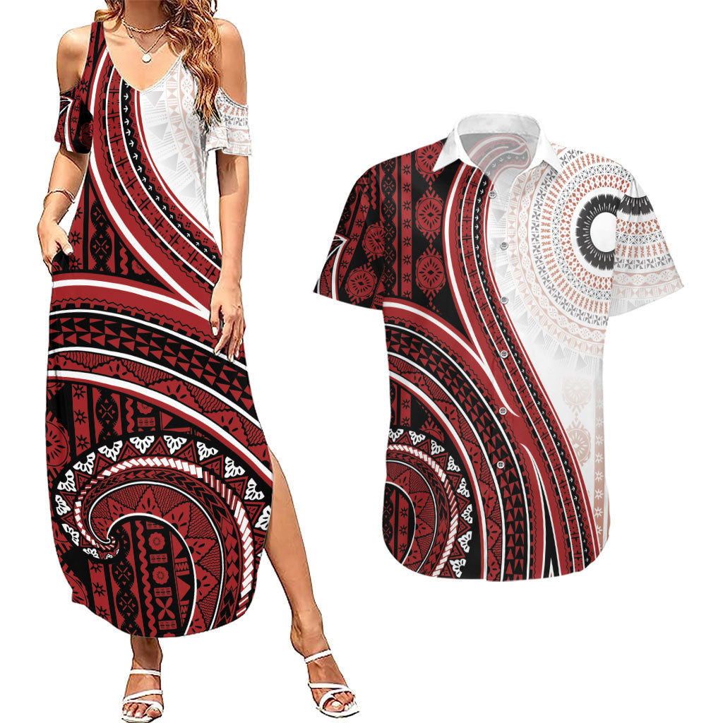 Bula Fiji Vintage Tapa Couples Matching Summer Maxi Dress and Hawaiian Shirt Kaivity Masi Wave Motifs - Red LT7 Red - Polynesian Pride