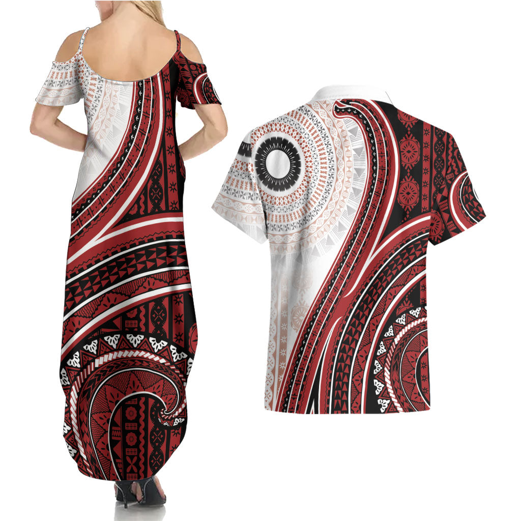 Bula Fiji Vintage Tapa Couples Matching Summer Maxi Dress and Hawaiian Shirt Kaivity Masi Wave Motifs - Red LT7 - Polynesian Pride