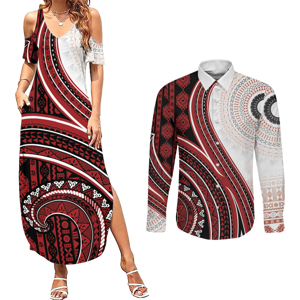 Bula Fiji Vintage Tapa Couples Matching Summer Maxi Dress and Long Sleeve Button Shirt Kaivity Masi Wave Motifs - Red LT7 Red - Polynesian Pride