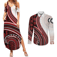 Bula Fiji Vintage Tapa Couples Matching Summer Maxi Dress and Long Sleeve Button Shirt Kaivity Masi Wave Motifs - Red LT7 Red - Polynesian Pride