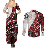 Bula Fiji Vintage Tapa Couples Matching Summer Maxi Dress and Long Sleeve Button Shirt Kaivity Masi Wave Motifs - Red LT7 - Polynesian Pride
