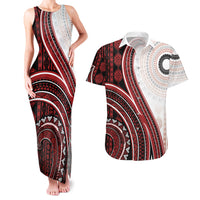 Bula Fiji Vintage Tapa Couples Matching Tank Maxi Dress and Hawaiian Shirt Kaivity Masi Wave Motifs - Red LT7 Red - Polynesian Pride