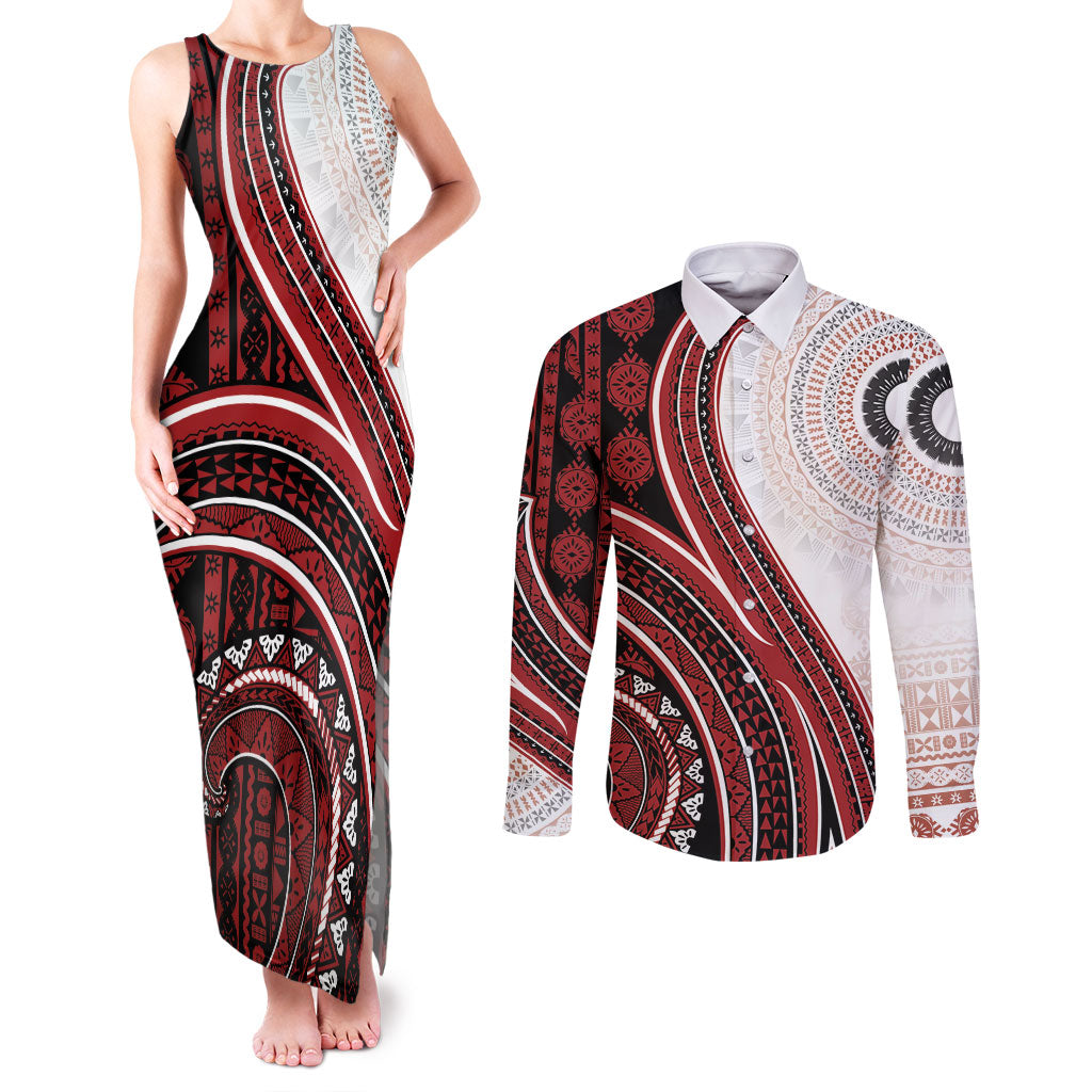 Bula Fiji Vintage Tapa Couples Matching Tank Maxi Dress and Long Sleeve Button Shirt Kaivity Masi Wave Motifs - Red LT7 Red - Polynesian Pride