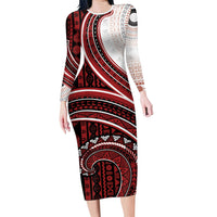 Bula Fiji Vintage Tapa Family Matching Long Sleeve Bodycon Dress and Hawaiian Shirt Kaivity Masi Wave Motifs - Red LT7 Mom's Dress Red - Polynesian Pride