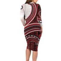 Bula Fiji Vintage Tapa Family Matching Long Sleeve Bodycon Dress and Hawaiian Shirt Kaivity Masi Wave Motifs - Red LT7 - Polynesian Pride