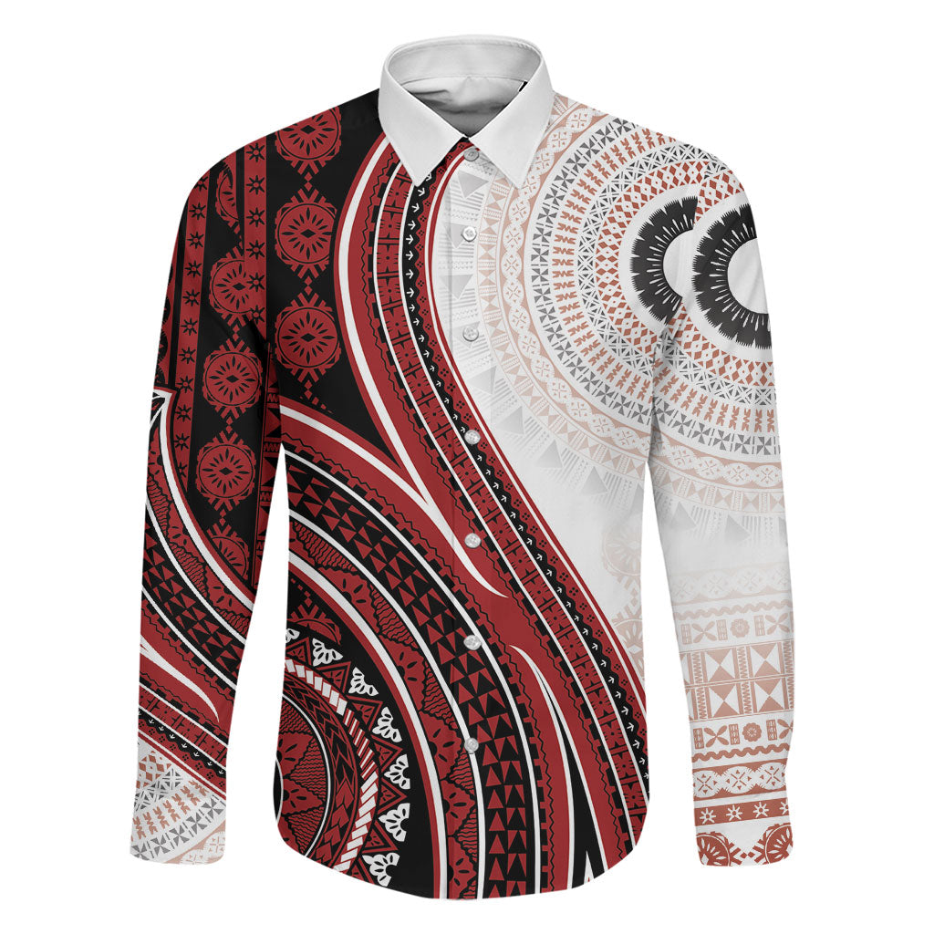 Bula Fiji Vintage Tapa Family Matching Mermaid Dress and Hawaiian Shirt Kaivity Masi Wave Motifs - Red LT7 Dad's Shirt - Long Sleeve Red - Polynesian Pride