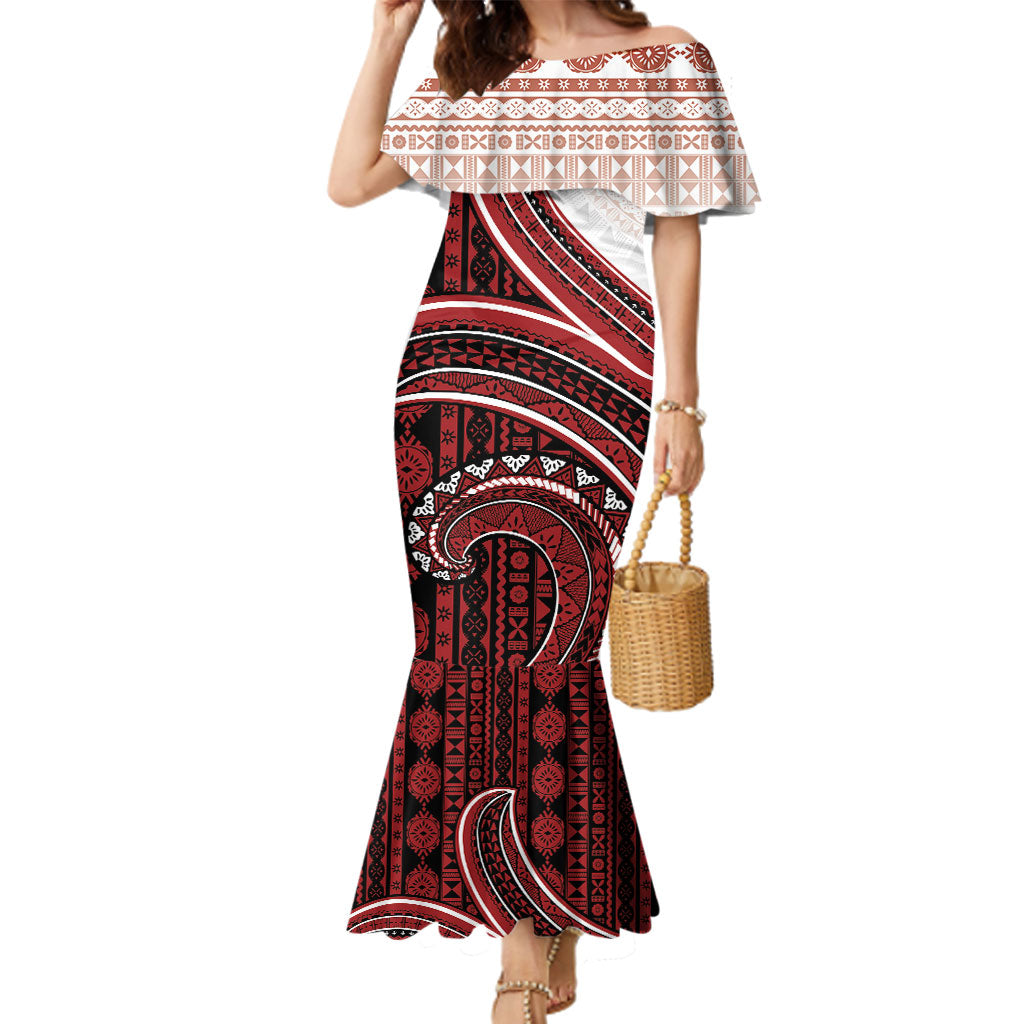 Bula Fiji Vintage Tapa Family Matching Mermaid Dress and Hawaiian Shirt Kaivity Masi Wave Motifs - Red LT7 Mom's Dress Red - Polynesian Pride