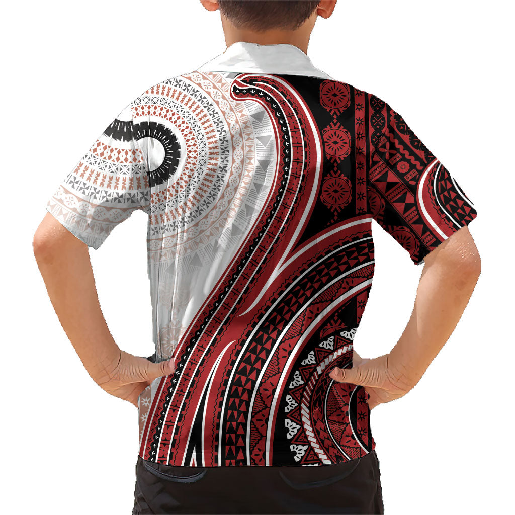 Bula Fiji Vintage Tapa Family Matching Off The Shoulder Long Sleeve Dress and Hawaiian Shirt Kaivity Masi Wave Motifs - Red LT7 - Polynesian Pride