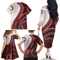 Bula Fiji Vintage Tapa Family Matching Off The Shoulder Long Sleeve Dress and Hawaiian Shirt Kaivity Masi Wave Motifs - Red LT7 - Polynesian Pride
