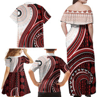 Bula Fiji Vintage Tapa Family Matching Off Shoulder Maxi Dress and Hawaiian Shirt Kaivity Masi Wave Motifs - Red LT7 - Polynesian Pride