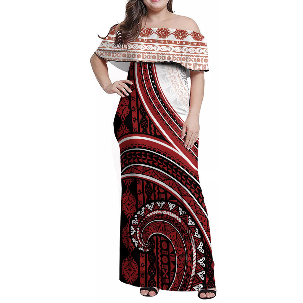 Bula Fiji Vintage Tapa Family Matching Off Shoulder Maxi Dress and Hawaiian Shirt Kaivity Masi Wave Motifs - Red LT7 Mom's Dress Red - Polynesian Pride