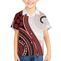 Bula Fiji Vintage Tapa Family Matching Off Shoulder Maxi Dress and Hawaiian Shirt Kaivity Masi Wave Motifs - Red LT7 Son's Shirt Red - Polynesian Pride