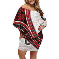 Bula Fiji Vintage Tapa Family Matching Off Shoulder Short Dress and Hawaiian Shirt Kaivity Masi Wave Motifs - Red LT7 Mom's Dress Red - Polynesian Pride