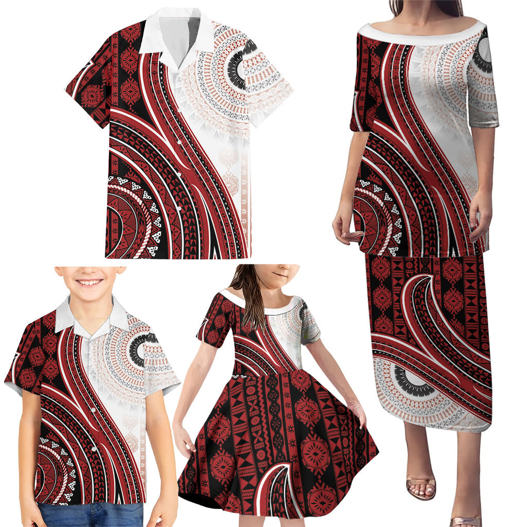 Bula Fiji Vintage Tapa Family Matching Puletasi and Hawaiian Shirt Kaivity Masi Wave Motifs - Red