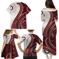 Bula Fiji Vintage Tapa Family Matching Puletasi and Hawaiian Shirt Kaivity Masi Wave Motifs - Red LT7 - Polynesian Pride
