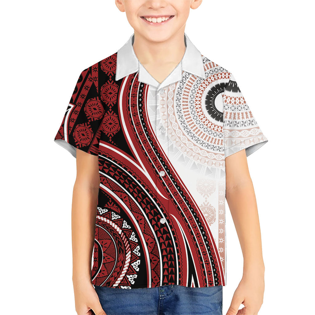 Bula Fiji Vintage Tapa Family Matching Puletasi and Hawaiian Shirt Kaivity Masi Wave Motifs - Red LT7 Son's Shirt Red - Polynesian Pride