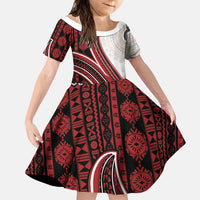 Bula Fiji Vintage Tapa Family Matching Short Sleeve Bodycon Dress and Hawaiian Shirt Kaivity Masi Wave Motifs - Red LT7 Daughter's Dress Red - Polynesian Pride