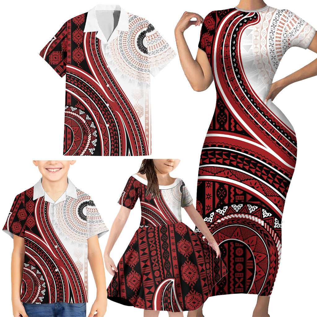 Bula Fiji Vintage Tapa Family Matching Short Sleeve Bodycon Dress and Hawaiian Shirt Kaivity Masi Wave Motifs - Red LT7 - Polynesian Pride