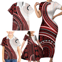 Bula Fiji Vintage Tapa Family Matching Short Sleeve Bodycon Dress and Hawaiian Shirt Kaivity Masi Wave Motifs - Red LT7 - Polynesian Pride