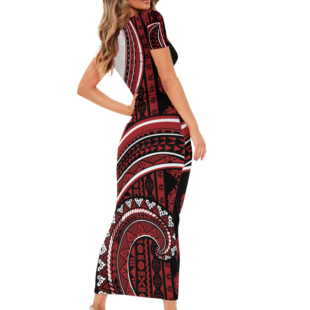 Bula Fiji Vintage Tapa Family Matching Short Sleeve Bodycon Dress and Hawaiian Shirt Kaivity Masi Wave Motifs - Red LT7 - Polynesian Pride