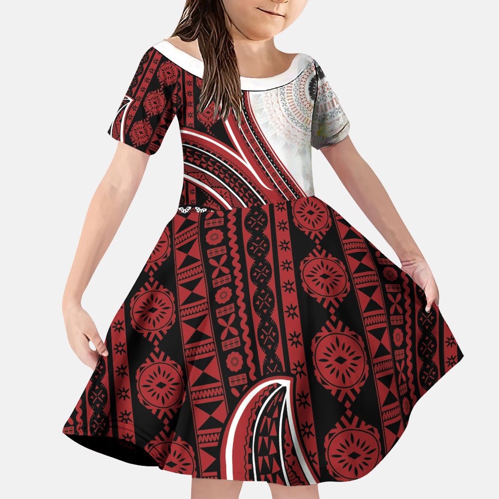 Bula Fiji Vintage Tapa Family Matching Summer Maxi Dress and Hawaiian Shirt Kaivity Masi Wave Motifs - Red LT7 Daughter's Dress Red - Polynesian Pride