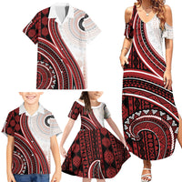 Bula Fiji Vintage Tapa Family Matching Summer Maxi Dress and Hawaiian Shirt Kaivity Masi Wave Motifs - Red LT7 - Polynesian Pride