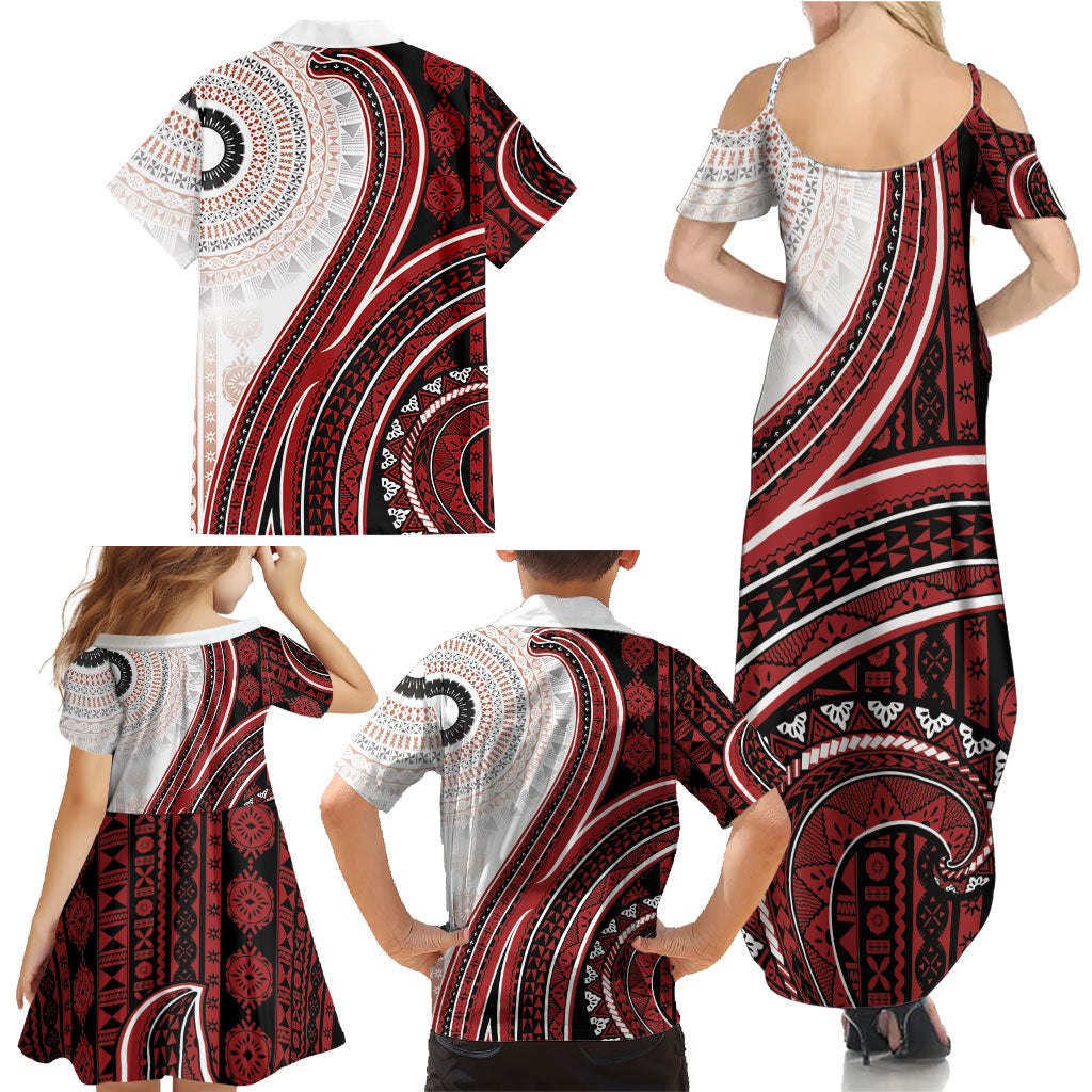 Bula Fiji Vintage Tapa Family Matching Summer Maxi Dress and Hawaiian Shirt Kaivity Masi Wave Motifs - Red LT7 - Polynesian Pride