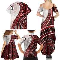 Bula Fiji Vintage Tapa Family Matching Summer Maxi Dress and Hawaiian Shirt Kaivity Masi Wave Motifs - Red LT7 - Polynesian Pride
