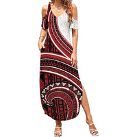 Bula Fiji Vintage Tapa Family Matching Summer Maxi Dress and Hawaiian Shirt Kaivity Masi Wave Motifs - Red LT7 Mom's Dress Red - Polynesian Pride