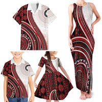 Bula Fiji Vintage Tapa Family Matching Tank Maxi Dress and Hawaiian Shirt Kaivity Masi Wave Motifs - Red LT7 - Polynesian Pride