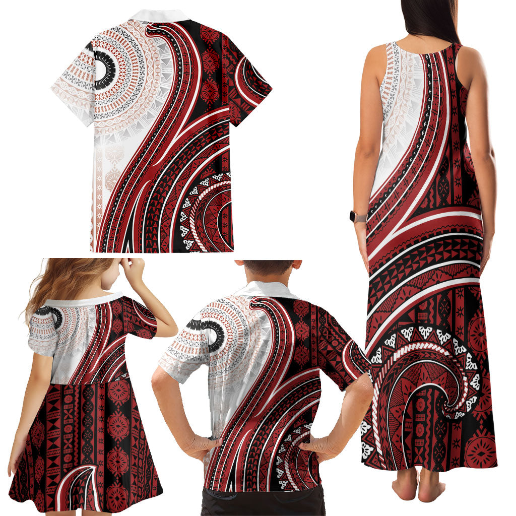 Bula Fiji Vintage Tapa Family Matching Tank Maxi Dress and Hawaiian Shirt Kaivity Masi Wave Motifs - Red LT7 - Polynesian Pride