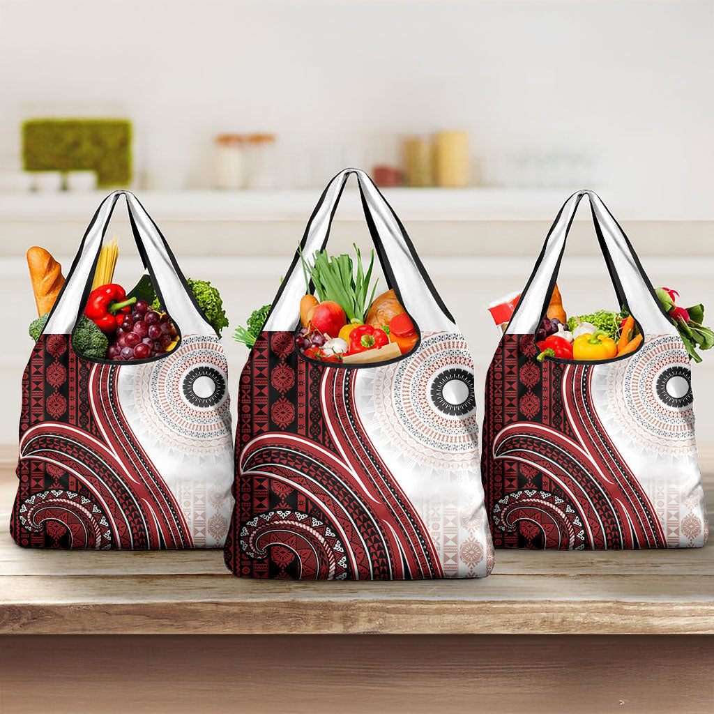 Bula Fiji Vintage Tapa Grocery Bag Kaivity Masi Wave Motifs - Red LT7 3-pack One Size Red - Polynesian Pride