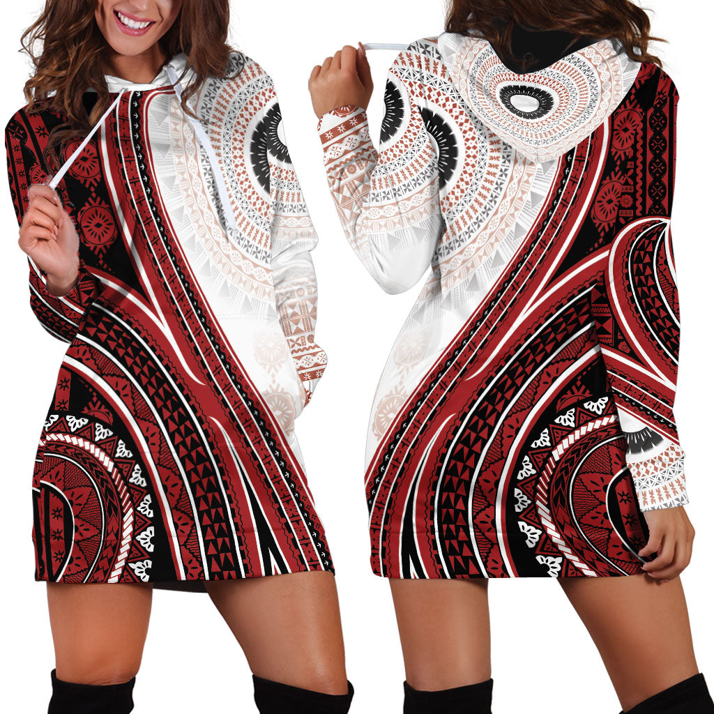 Bula Fiji Vintage Tapa Hoodie Dress Kaivity Masi Wave Motifs - Red LT7 - Polynesian Pride