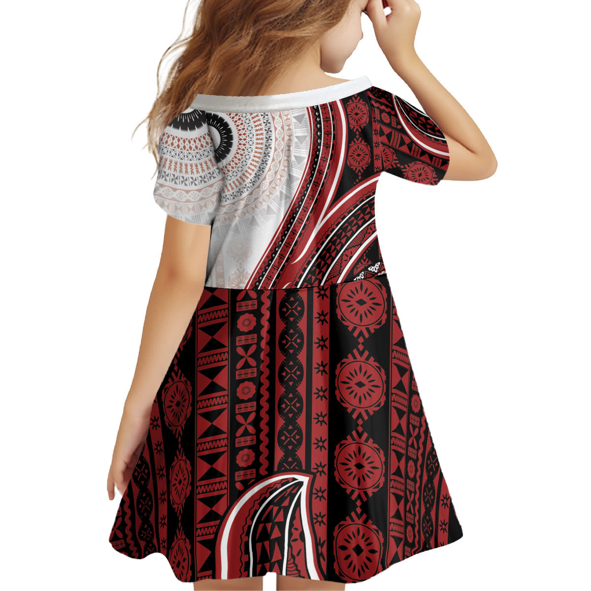 Bula Fiji Vintage Tapa Kid Short Sleeve Dress Kaivity Masi Wave Motifs - Red