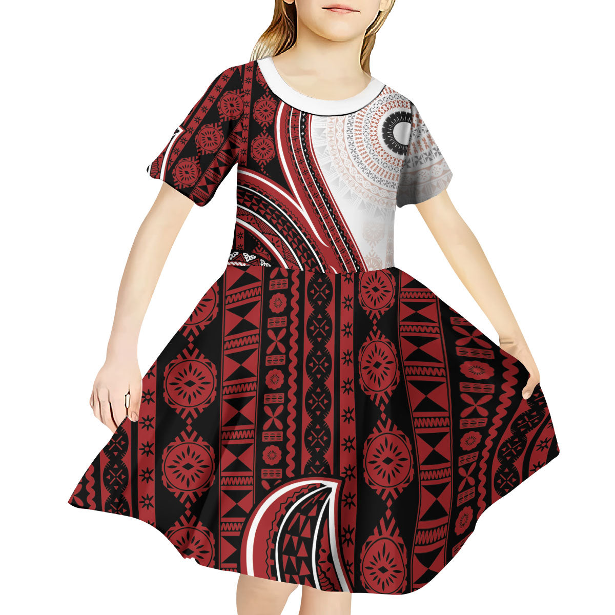 Bula Fiji Vintage Tapa Kid Short Sleeve Dress Kaivity Masi Wave Motifs - Red
