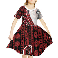 Bula Fiji Vintage Tapa Kid Short Sleeve Dress Kaivity Masi Wave Motifs - Red