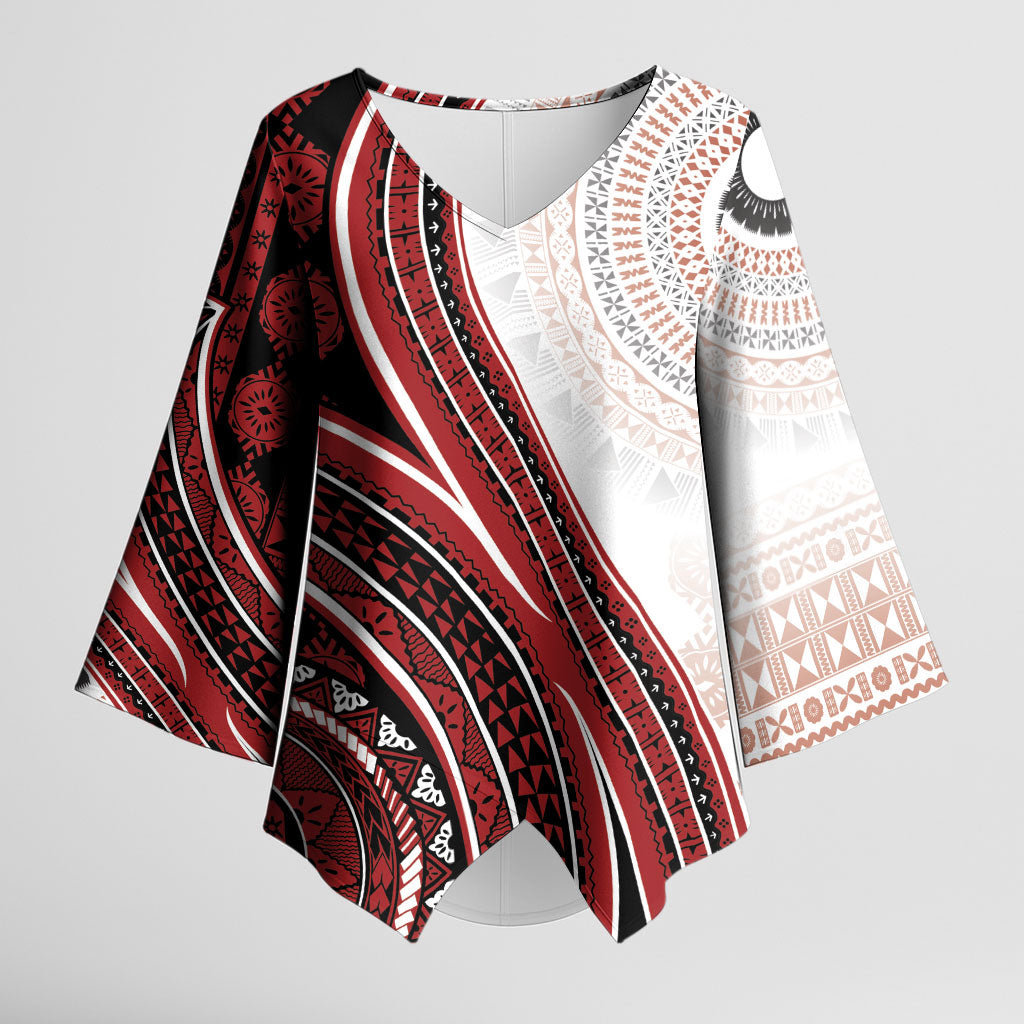 Bula Fiji Vintage Tapa Kimono Sleeve Blouse Kaivity Masi Wave Motifs - Red