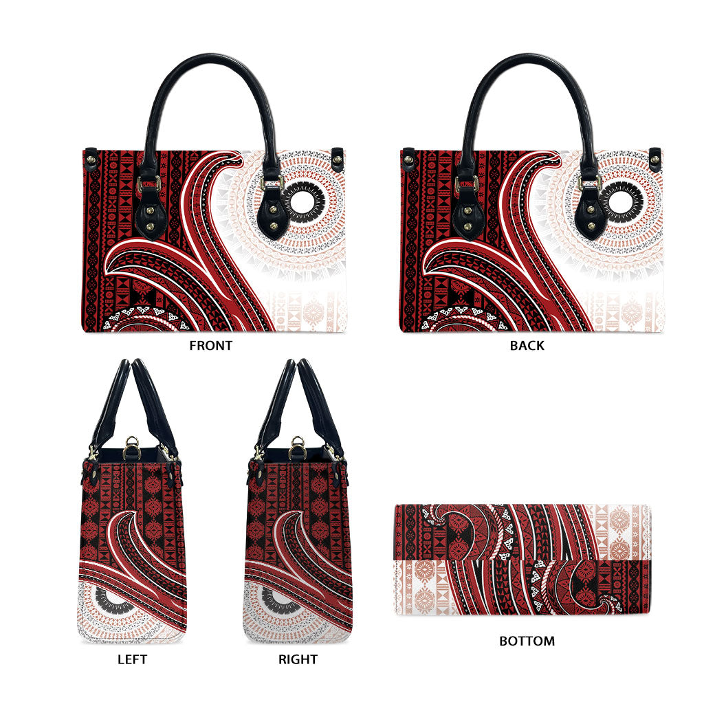 Bula Fiji Vintage Tapa Leather Bag Kaivity Masi Wave Motifs - Red