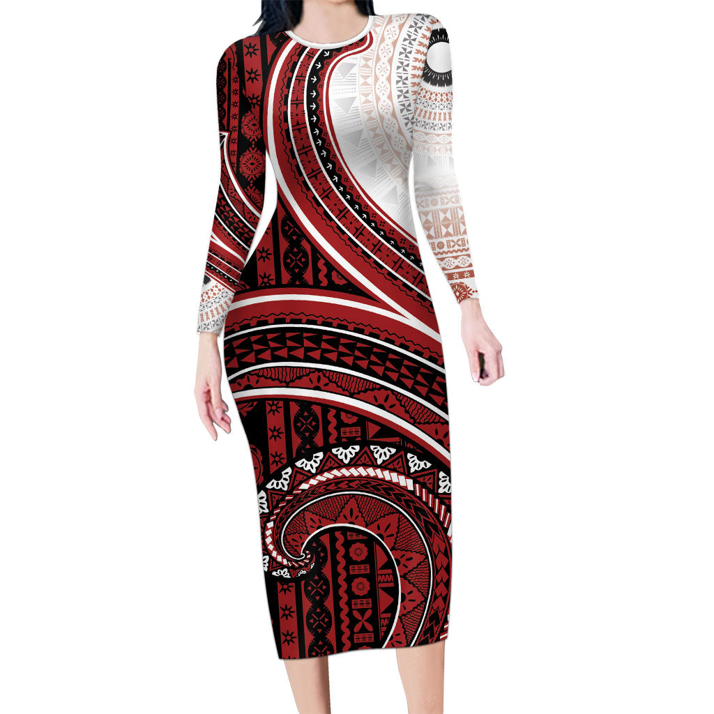 Bula Fiji Vintage Tapa Long Sleeve Bodycon Dress Kaivity Masi Wave Motifs - Red LT7 Long Dress Red - Polynesian Pride
