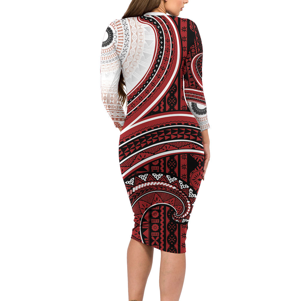 Bula Fiji Vintage Tapa Long Sleeve Bodycon Dress Kaivity Masi Wave Motifs - Red LT7 - Polynesian Pride