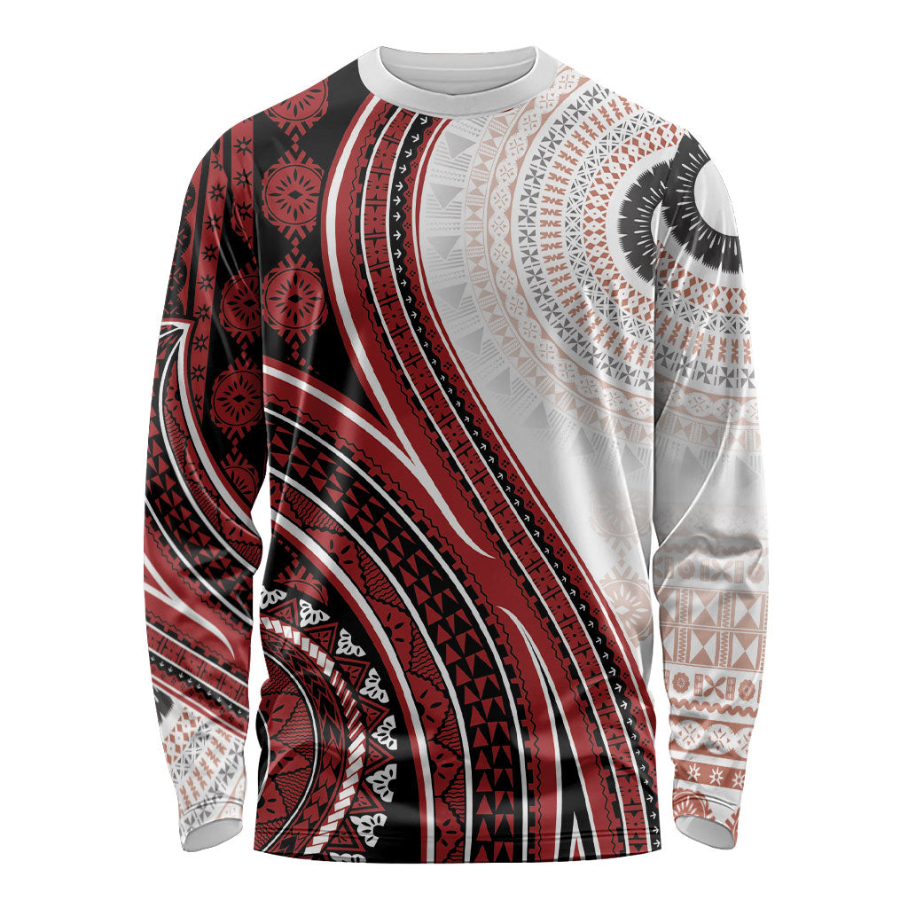 Bula Fiji Vintage Tapa Long Sleeve Shirt Kaivity Masi Wave Motifs - Red