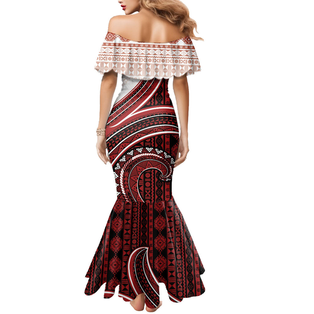 Bula Fiji Vintage Tapa Mermaid Dress Kaivity Masi Wave Motifs - Red