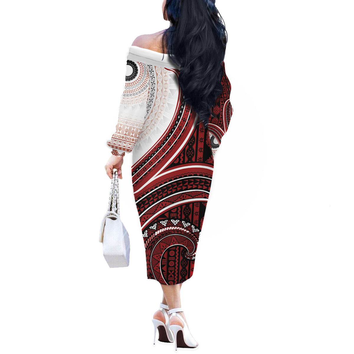 Bula Fiji Vintage Tapa Off The Shoulder Long Sleeve Dress Kaivity Masi Wave Motifs - Red LT7 - Polynesian Pride