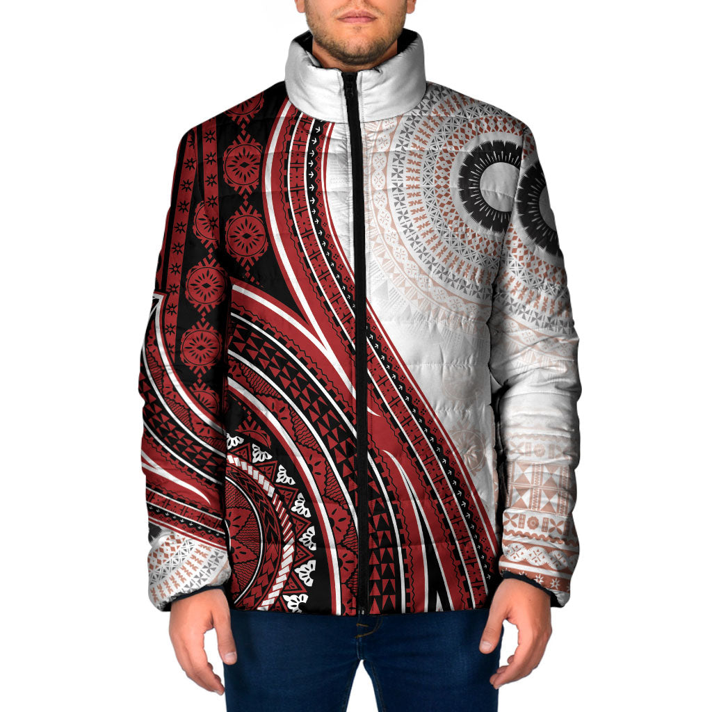 Bula Fiji Vintage Tapa Padded Jacket Kaivity Masi Wave Motifs - Red LT7 Men Red - Polynesian Pride