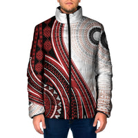 Bula Fiji Vintage Tapa Padded Jacket Kaivity Masi Wave Motifs - Red LT7 Men Red - Polynesian Pride