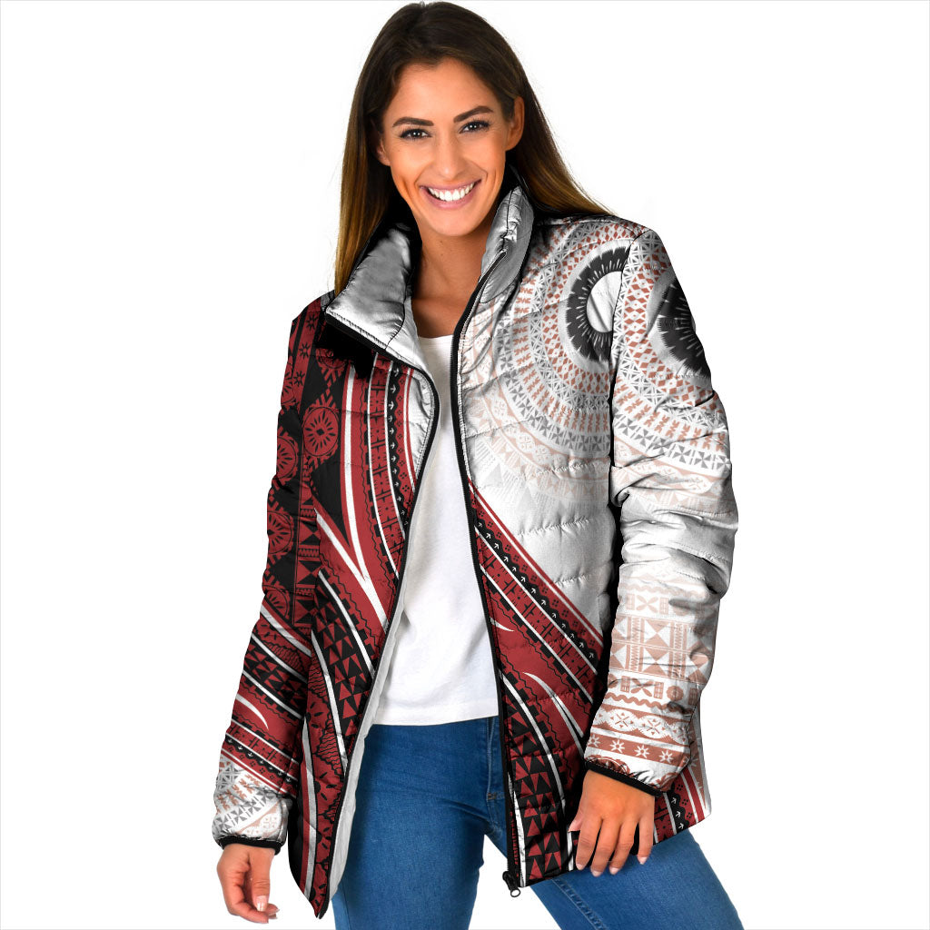 Bula Fiji Vintage Tapa Padded Jacket Kaivity Masi Wave Motifs - Red LT7 Women Red - Polynesian Pride