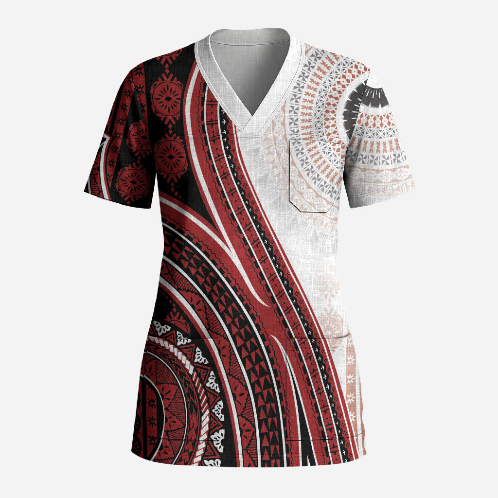 Bula Fiji Vintage Tapa Scrub Top Kaivity Masi Wave Motifs - Red