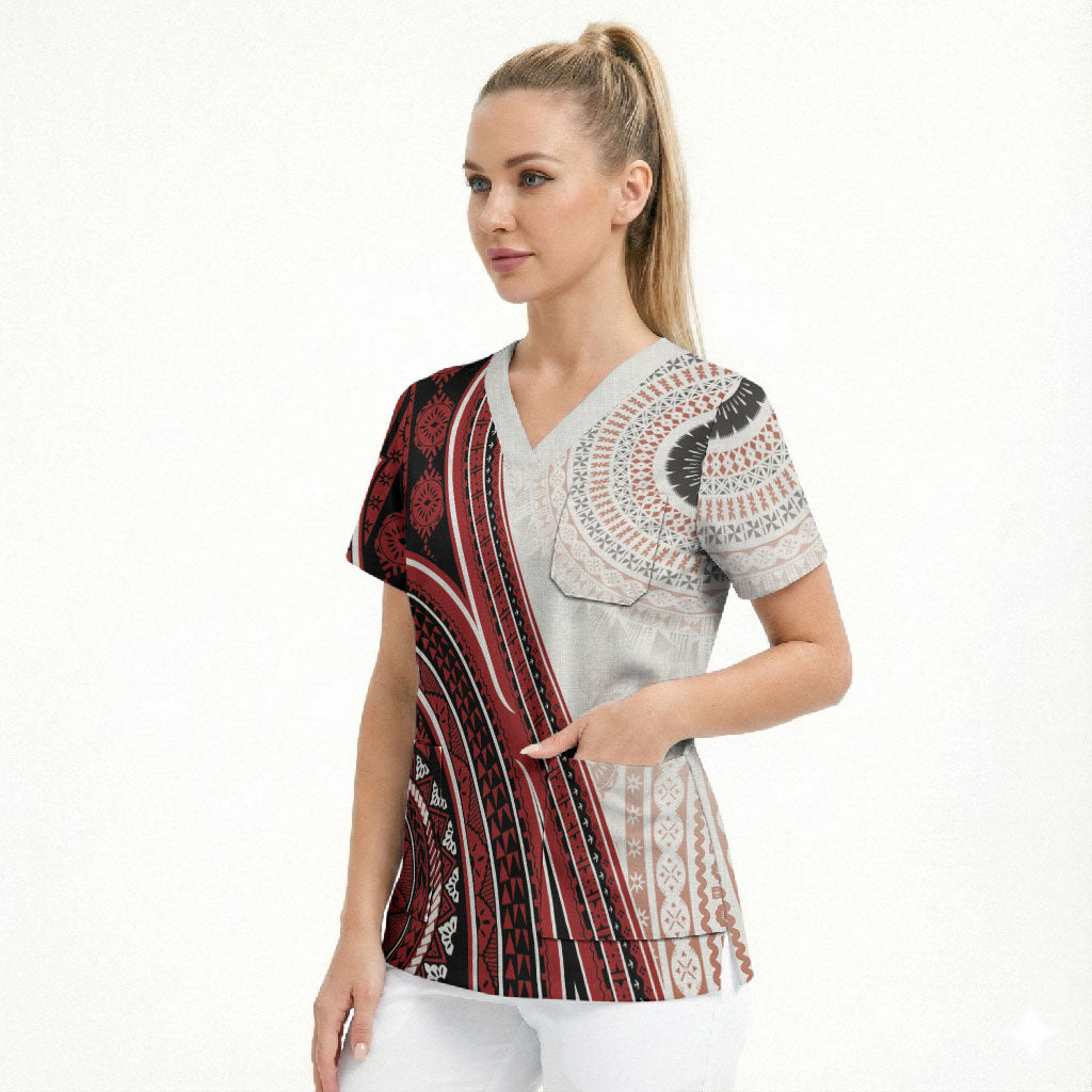 Bula Fiji Vintage Tapa Scrub Top Kaivity Masi Wave Motifs - Red